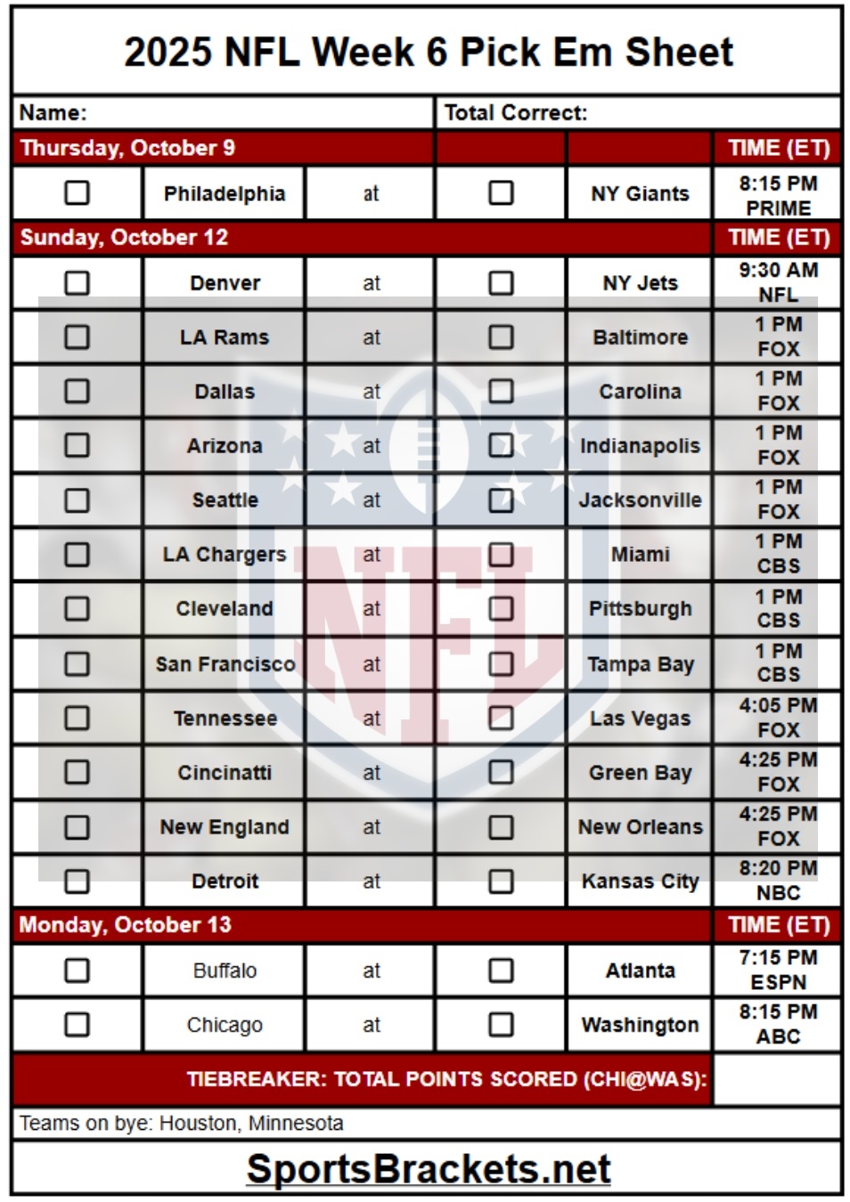 2025 NFL Pick Em Sheet Week 6; Printable, PDF Format