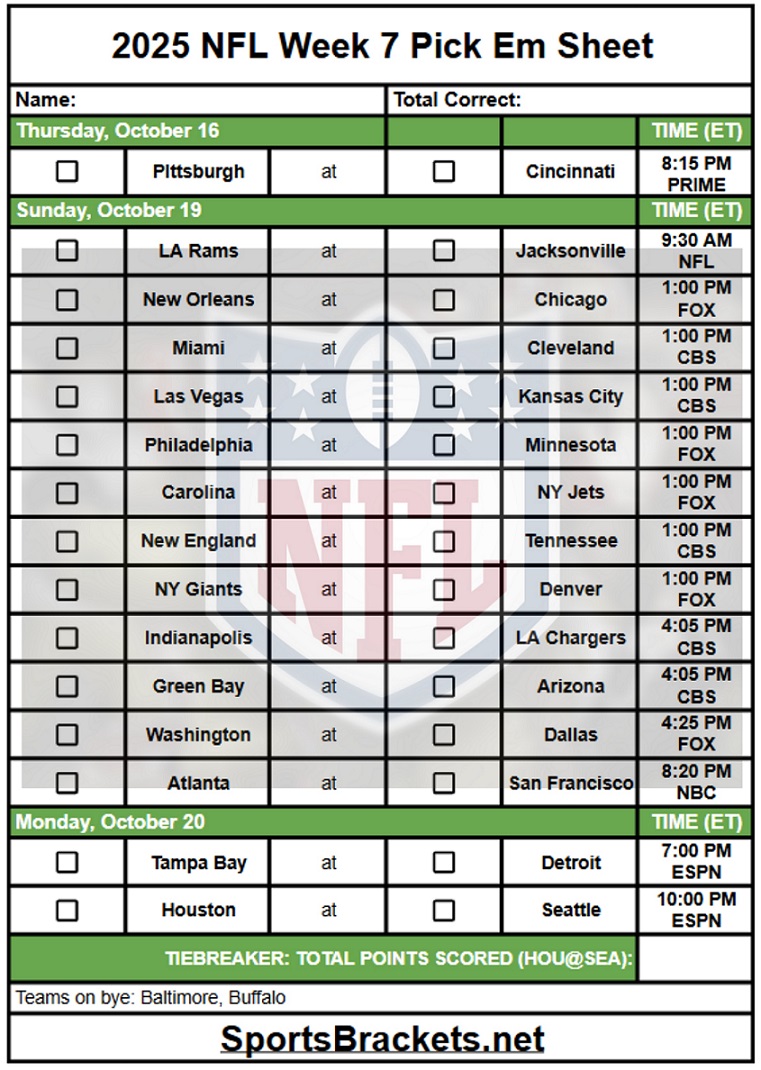 2025 NFL Pick Em Sheet Week 7; Printable, PDF Format
