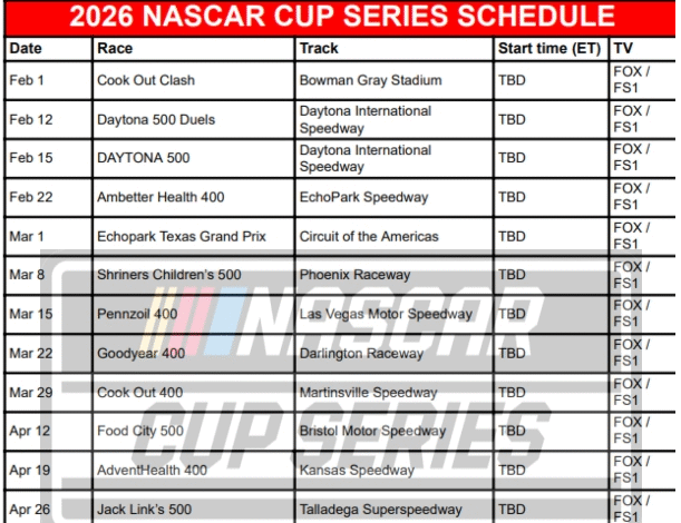 2026 NASCAR Cup Series Schedule; Printable, PDF Format
