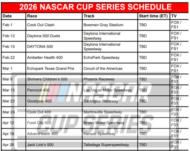 2026 NASCAR Cup Series Schedule; Printable, PDF Format