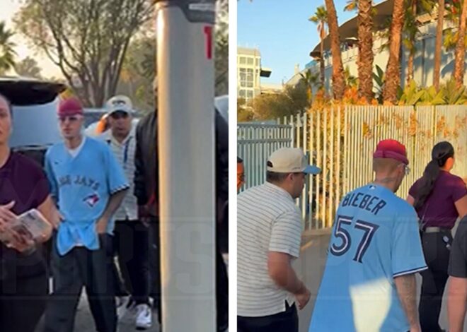 Justin Bieber Arrives At World Series Game 3 in Blue Jays Gear