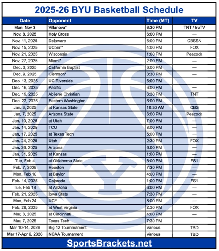 Printable 2025-26 BYU Basketball Schedule; PDF format, TV Broadcasts