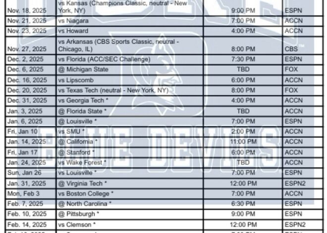 Printable 2025-26 Duke Basketball Schedule; PDF format, TV Broadcasts