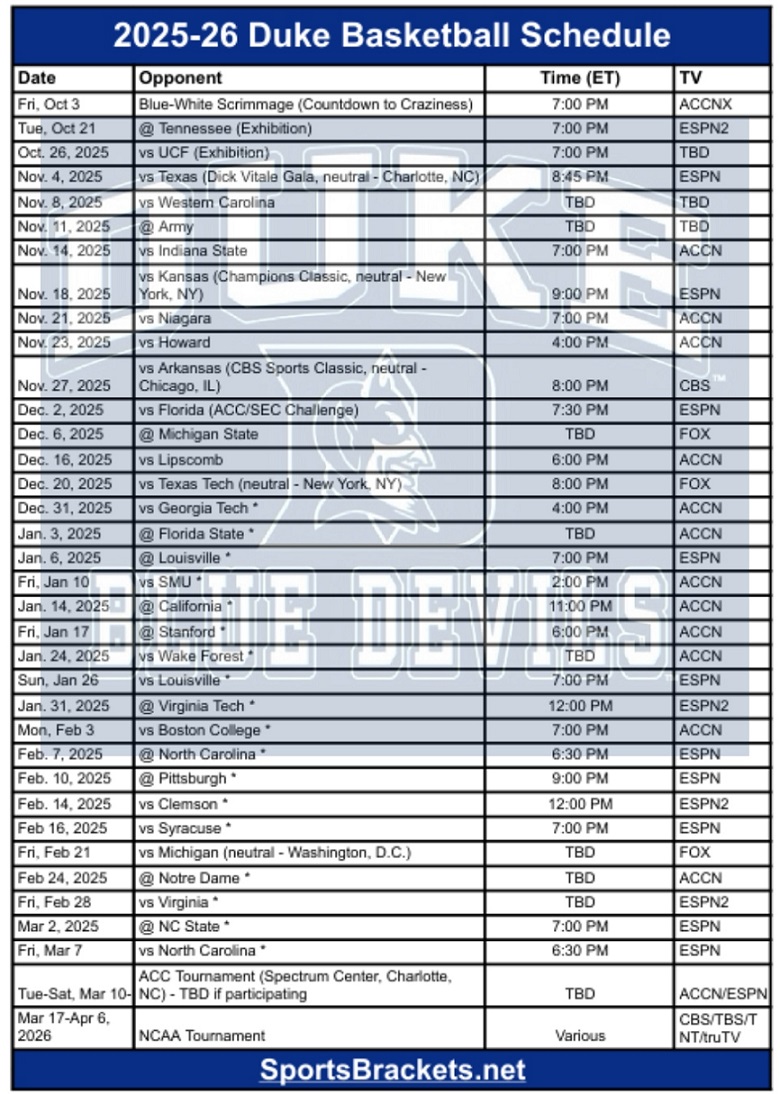 Printable 2025-26 Duke Basketball Schedule; PDF format, TV Broadcasts