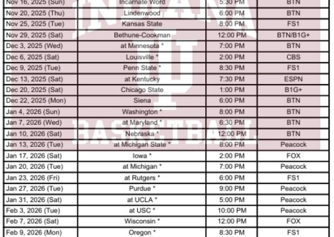 Printable 2025-26 Indiana Basketball Schedule; PDF format, TV Broadcasts