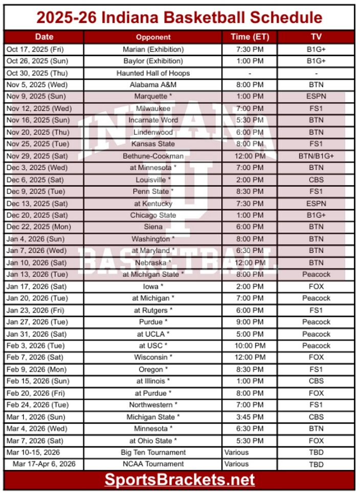Printable 2025-26 Indiana Basketball Schedule; PDF format, TV Broadcasts