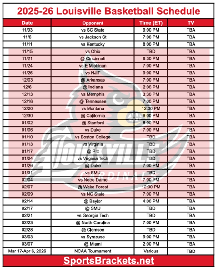 Printable 2025-26 Louisville Basketball Schedule; PDF format, TV Broadcasts