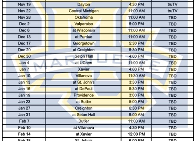 Printable 2025-26 Marquette Basketball Schedule; PDF format, TV Broadcasts