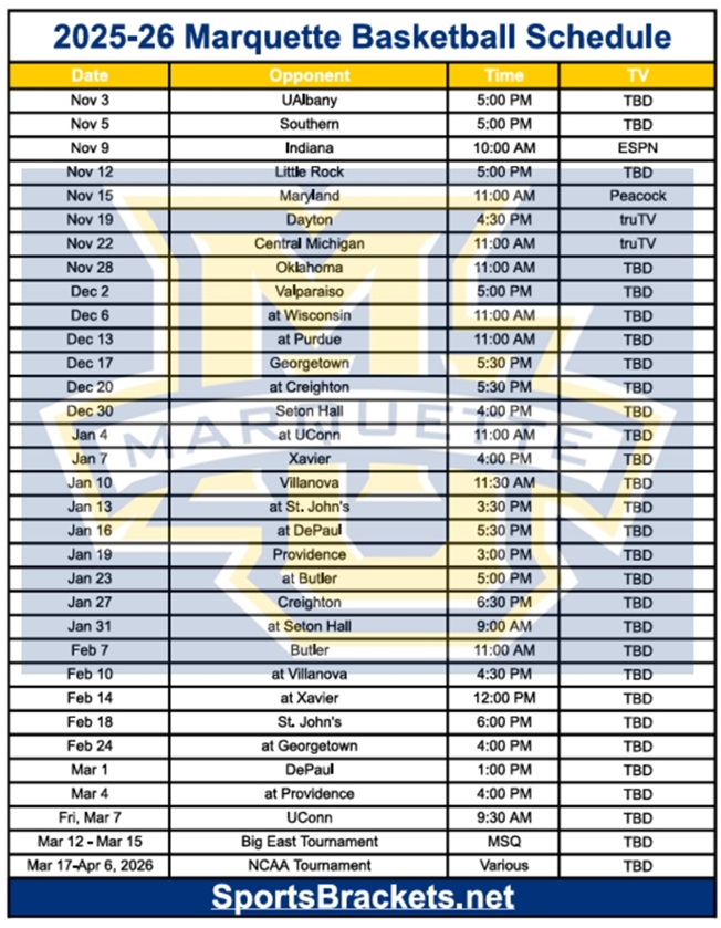 Printable 2025-26 Marquette Basketball Schedule; PDF format, TV Broadcasts