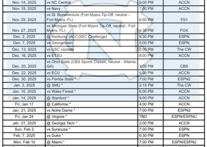 Printable 2025-26 North Carolina Basketball Schedule; PDF format, TV Broadcasts