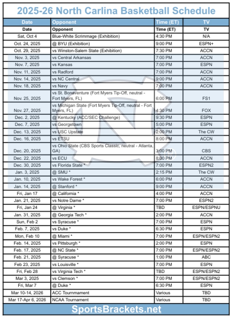 Printable 2025-26 North Carolina Basketball Schedule; PDF format, TV Broadcasts