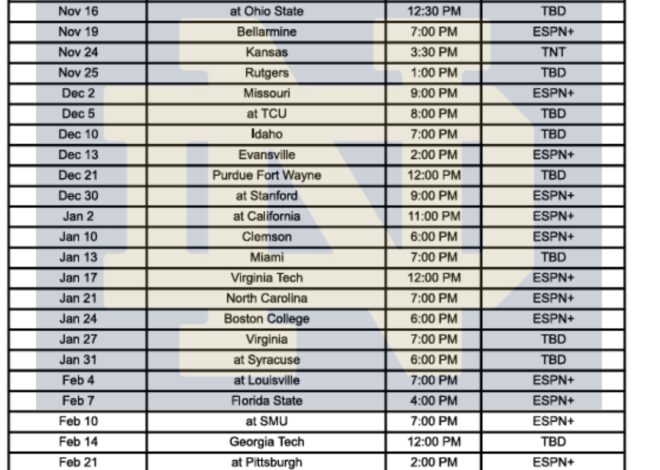 Printable 2025-26 Notre Dame Basketball Schedule; PDF format, TV Broadcasts