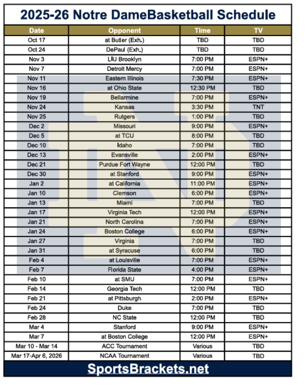 Printable 2025-26 Notre Dame Basketball Schedule; PDF format, TV Broadcasts