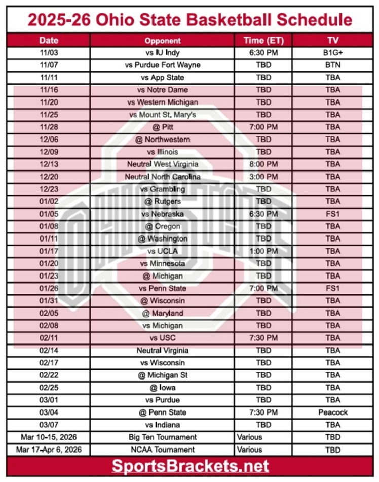 Printable 2025-26 Ohio State Basketball Schedule; PDF format, TV Broadcasts