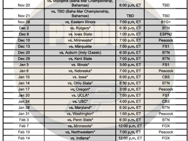 Printable 2025-26 Purdue Basketball Schedule; PDF format, TV Broadcasts