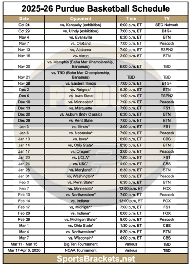 Printable 2025-26 Purdue Basketball Schedule; PDF format, TV Broadcasts