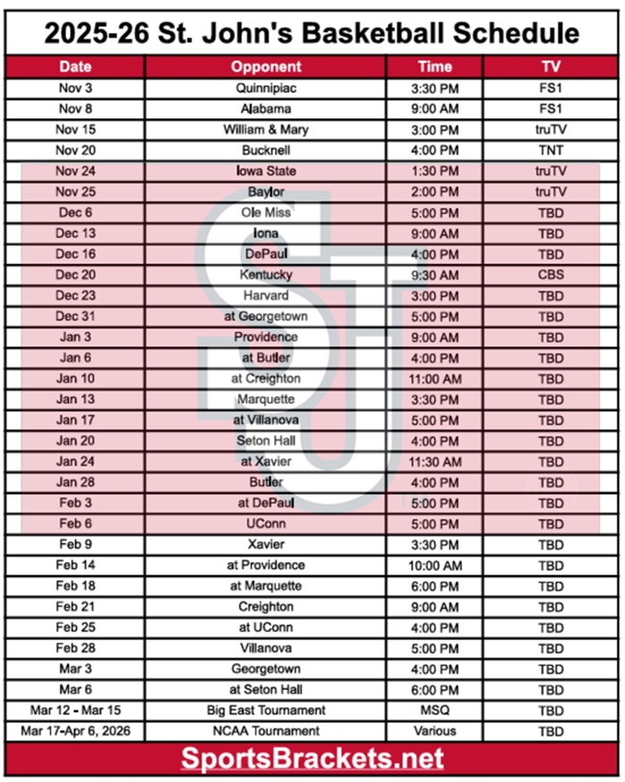 Printable 2025-26 St. John’s Basketball Schedule; PDF format, TV Broadcasts