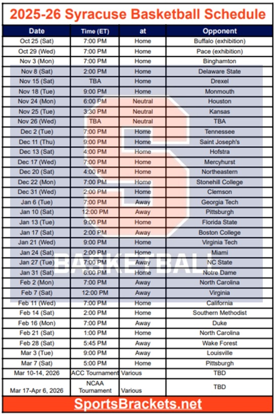 Printable 2025-26 Syracuse Basketball Schedule; PDF format, TV Broadcasts