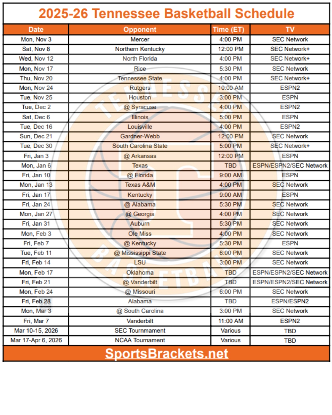 Printable 2025-26 Tennessee Basketball Schedule; PDF format, TV Broadcasts