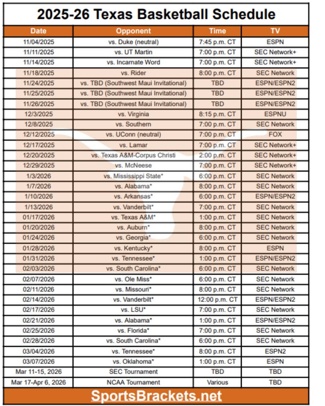 Printable 2025-26 Texas Basketball Schedule; PDF format, TV Broadcasts