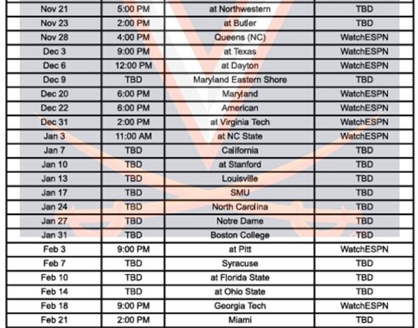 Printable 2025-26 Virginia Basketball Schedule; PDF format, TV Broadcasts