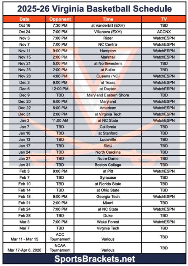 Printable 2025-26 Virginia Basketball Schedule; PDF format, TV Broadcasts