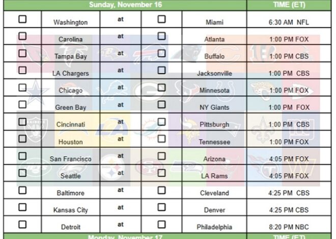2025 NFL Pick Em Sheet Week 11; Printable, PDF Format