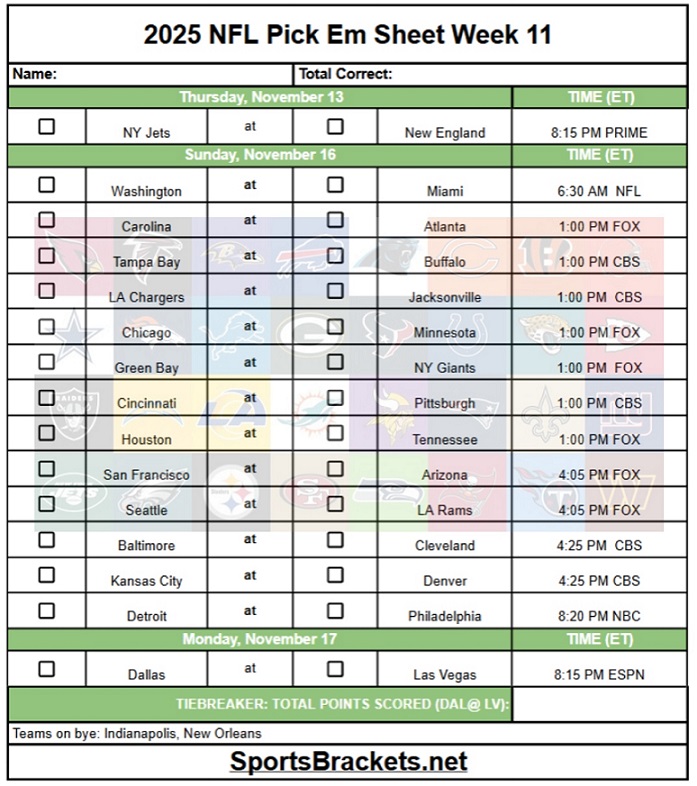 2025 NFL Pick Em Sheet Week 11; Printable, PDF Format
