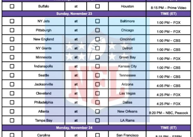 2025 NFL Pick Em Sheet Week 12; Printable, PDF Format