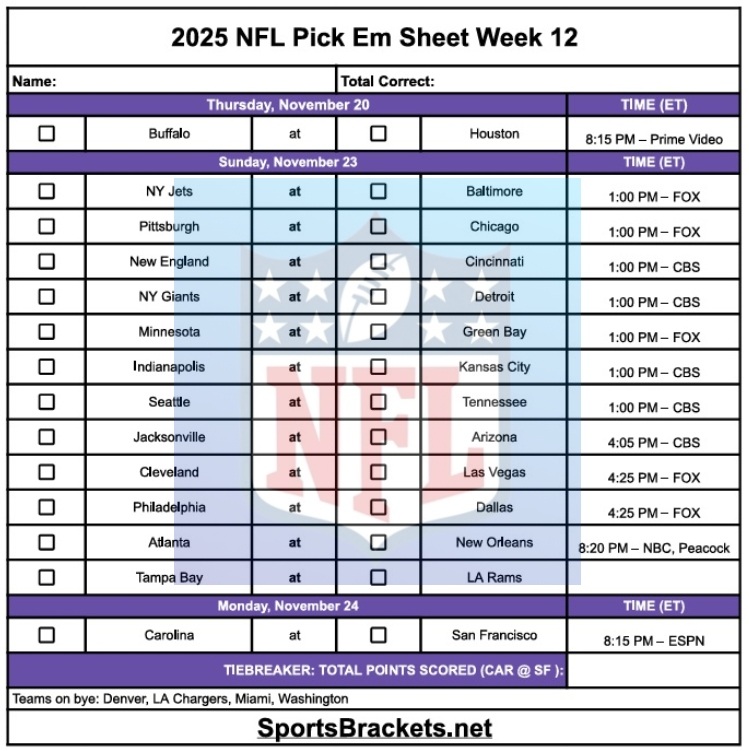 2025 NFL Pick Em Sheet Week 12; Printable, PDF Format