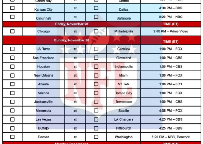 2025 NFL Pick Em Sheet Week 13; Printable, PDF Format