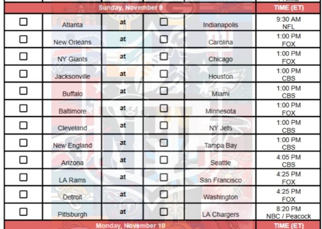 2025 NFL Pick Em Sheet Week 10; Printable, PDF Format