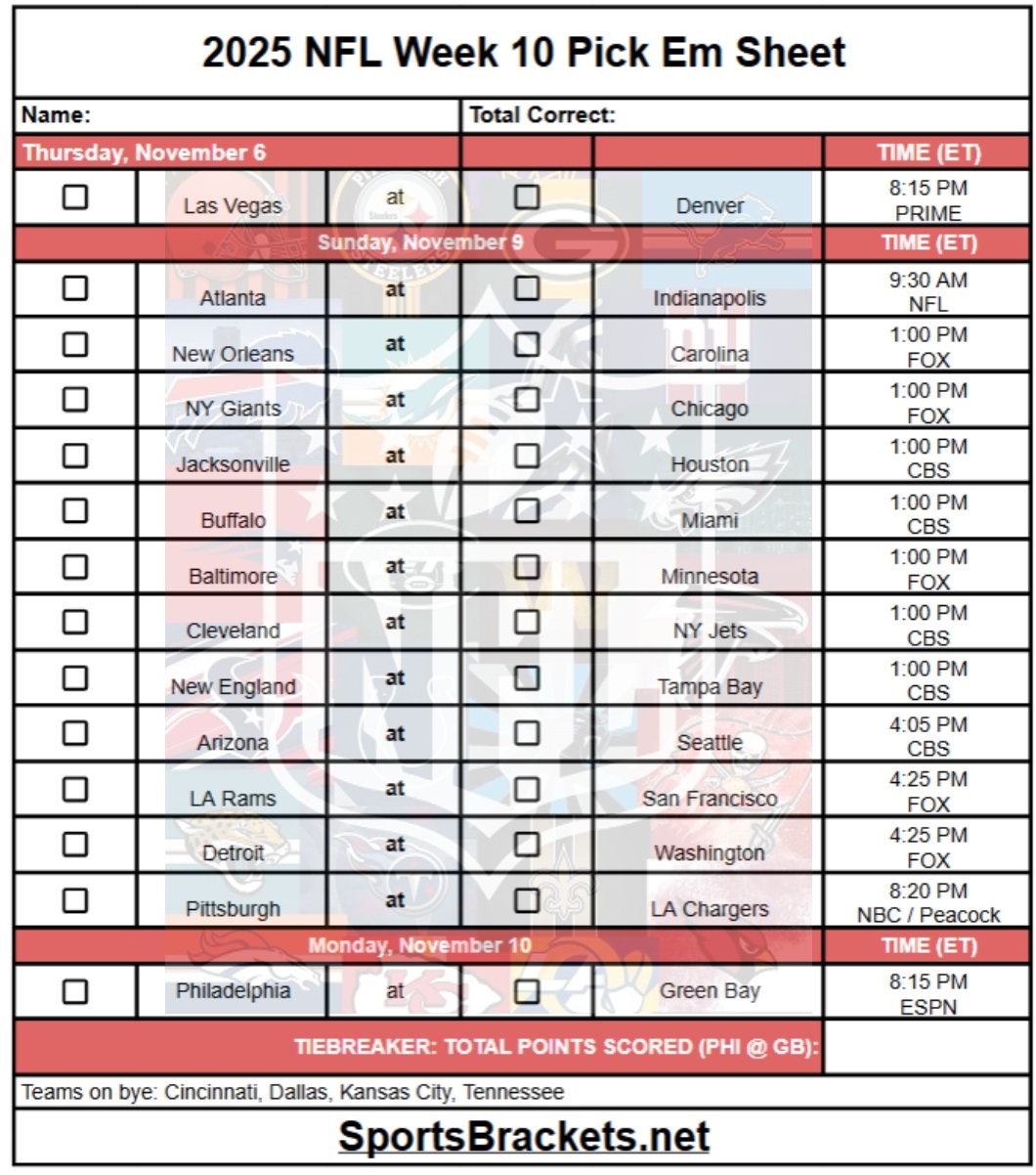2025 NFL Pick Em Sheet Week 10; Printable, PDF Format