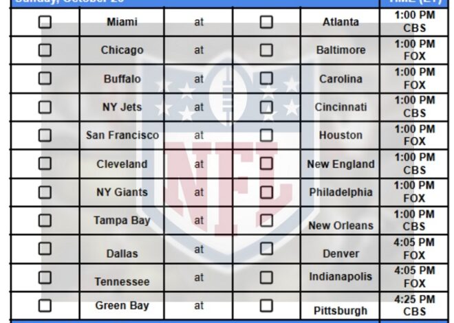2025 NFL Pick Em Sheet Week 8; Printable, PDF Format