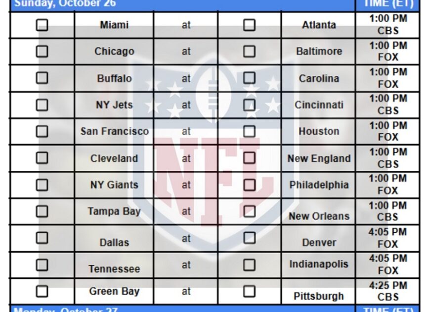 2025 NFL Pick Em Sheet Week 8; Printable, PDF Format