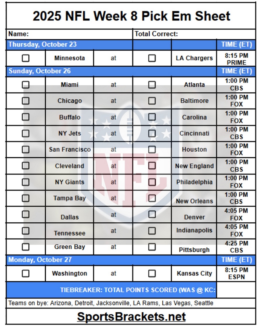 2025 NFL Pick Em Sheet Week 8; Printable, PDF Format