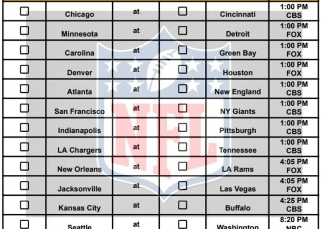 2025 NFL Pick Em Sheet Week 9; Printable, PDF Format