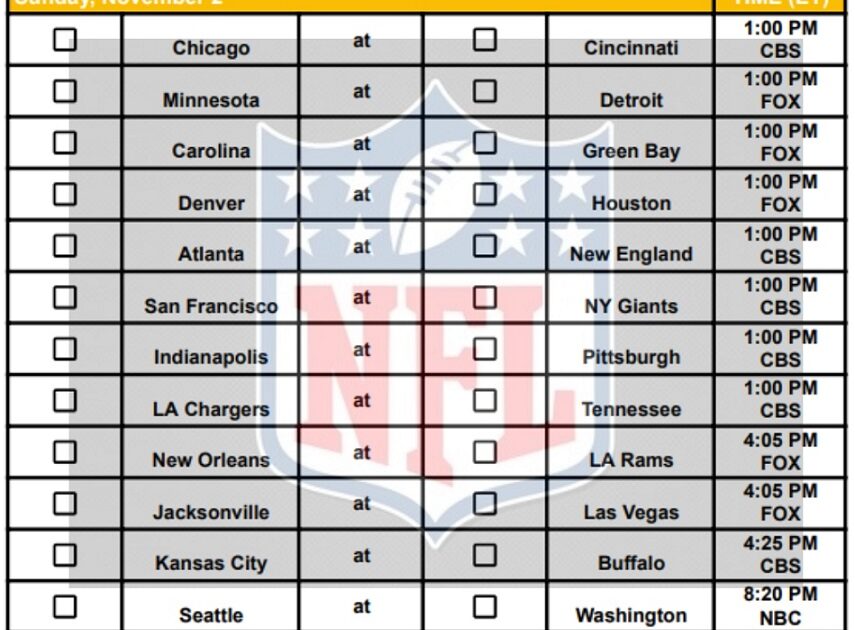2025 NFL Pick Em Sheet Week 9; Printable, PDF Format