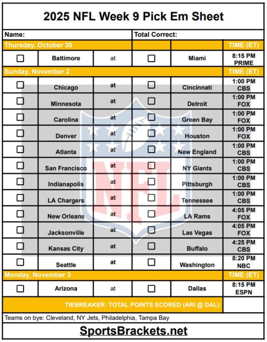 2025 NFL Pick Em Sheet Week 9; Printable, PDF Format