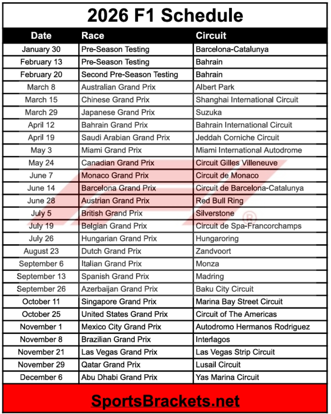2026 F1 Schedule; Printable, PDF Format