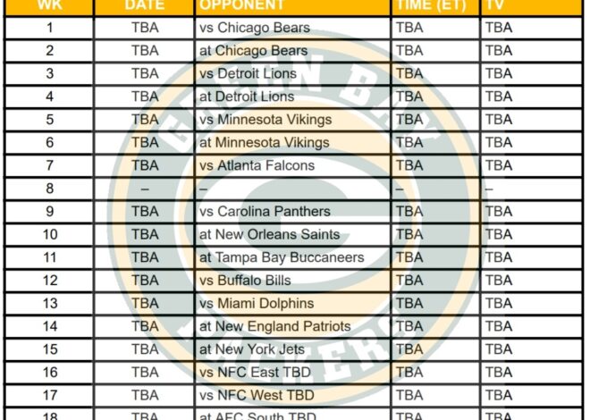 Printable 2026 Green Bay Packers Schedule; Matchups and TV Broadcasts