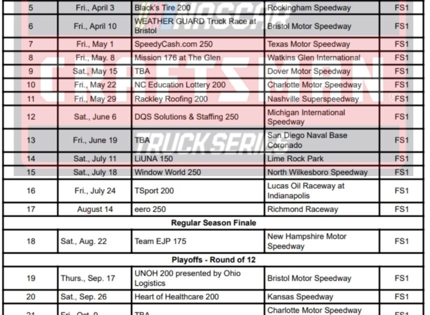 2026 NASCAR Craftsman Truck Series Schedule; Printable, PDF Format