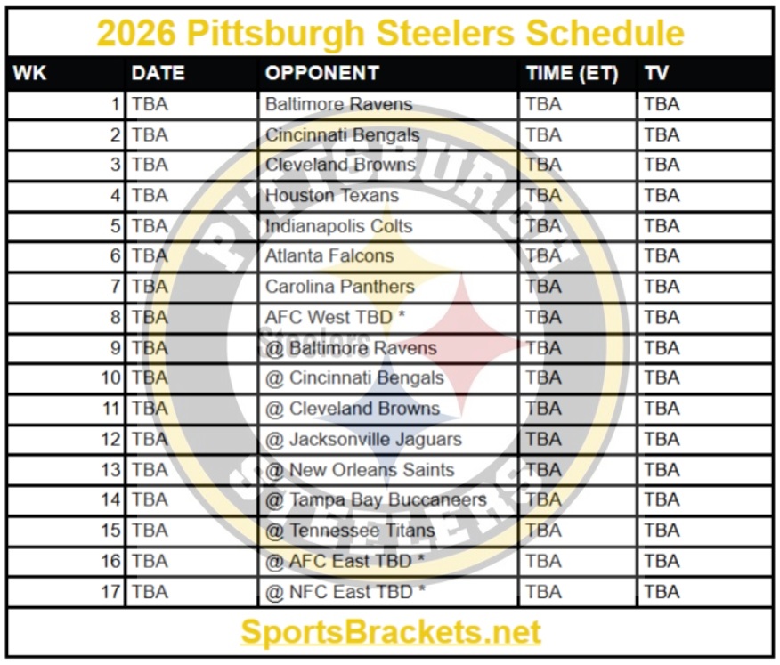 Printable 2026 Pittsburgh Steelers Schedule; Matchups and TV Broadcasts