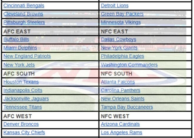 2025 NFL Teams List by Division; Printable, PDF