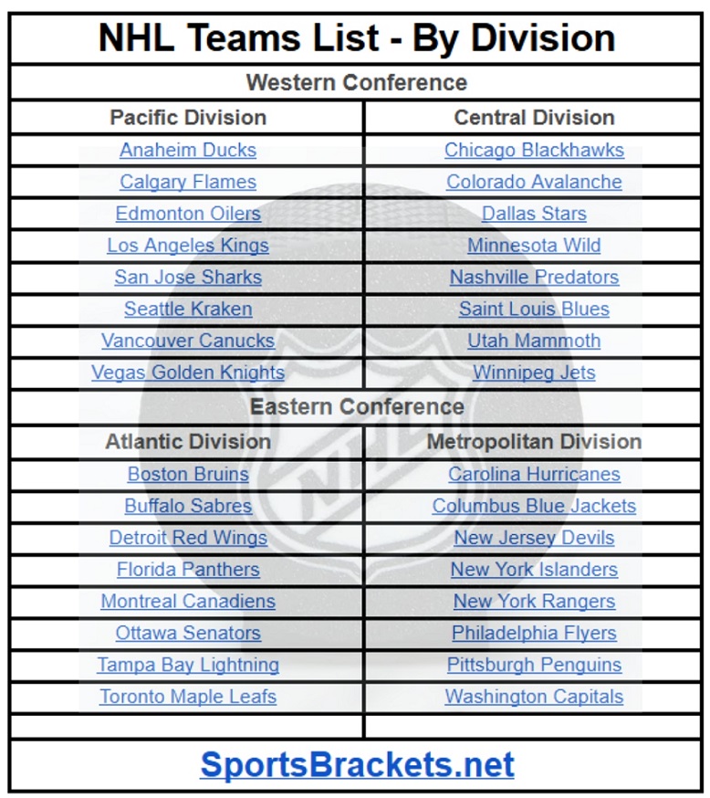 2025 NHL Teams List by Division; Printable, PDF