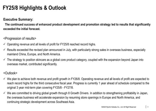Ryohin Keikaku FY25/8 presentation: Record profits as China sales surge