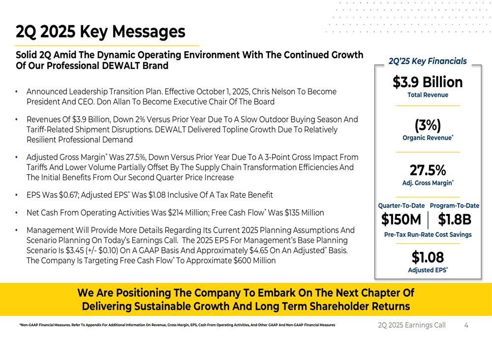 Stanley Black & Decker Q2 2025 slides: Revenue dips 2% amid tariff concerns